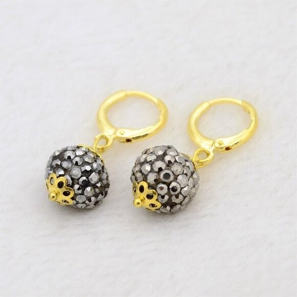 Elegant Hematite Austrian Crystal Ball Dangle Gunmetal and Gold Earrings - Picture 1 of 2
